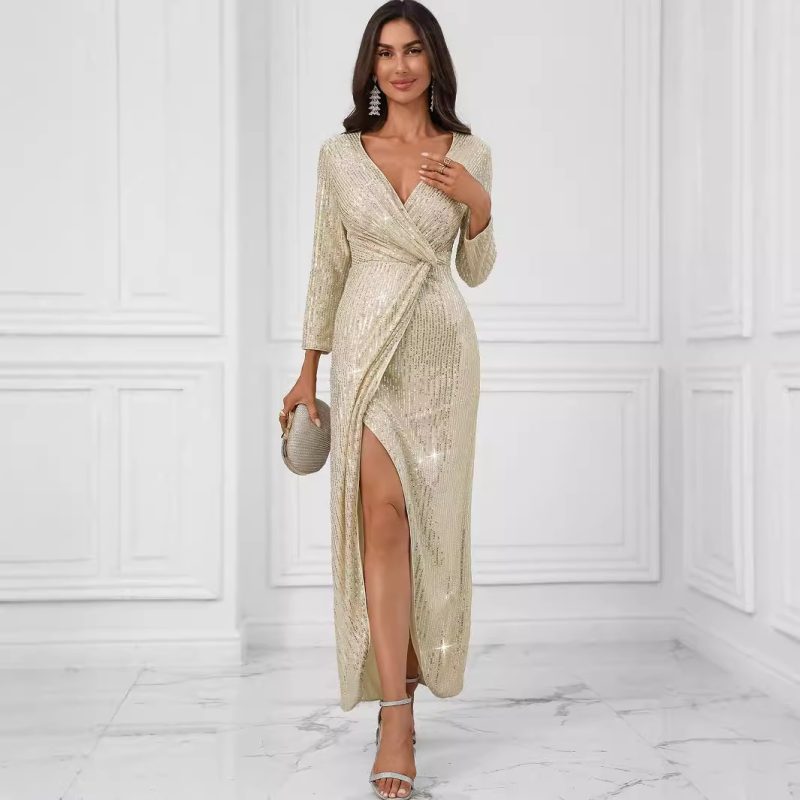Sequined Long Sleeve Prom Maxi Dress Women