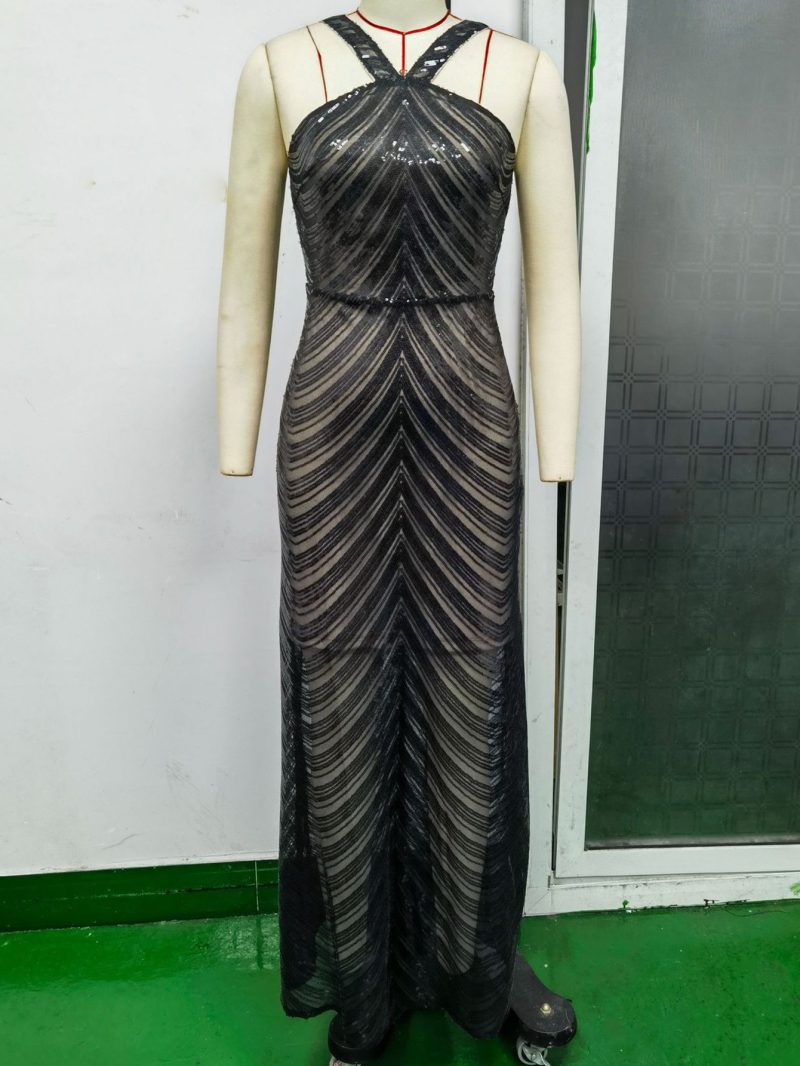Halter Backless Retro Sequin Evening Dress - Image 3