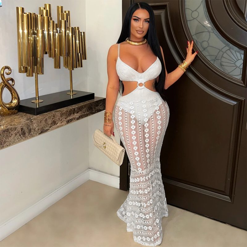 Sexy V-Neck Lace See-Through Sheath Maxi Dress - Image 3