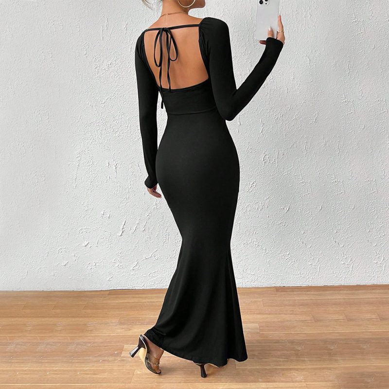 Elegant Lace-Up U-Neck Slim Long Sleeve Maxi Dress - Image 2