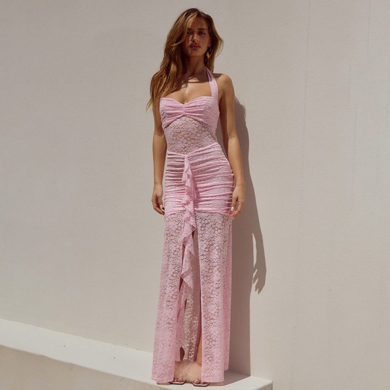 Elegant Halter Lace Sleeveless Backless Maxi Dress