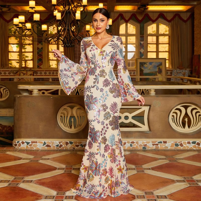 High-End Long Sleeve V-Neck Sequin Dress