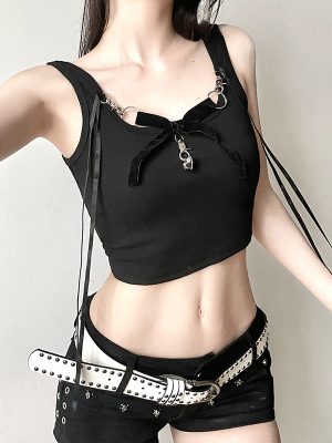 Personalized Lace-Up Dark Metal Bow Cropped Top