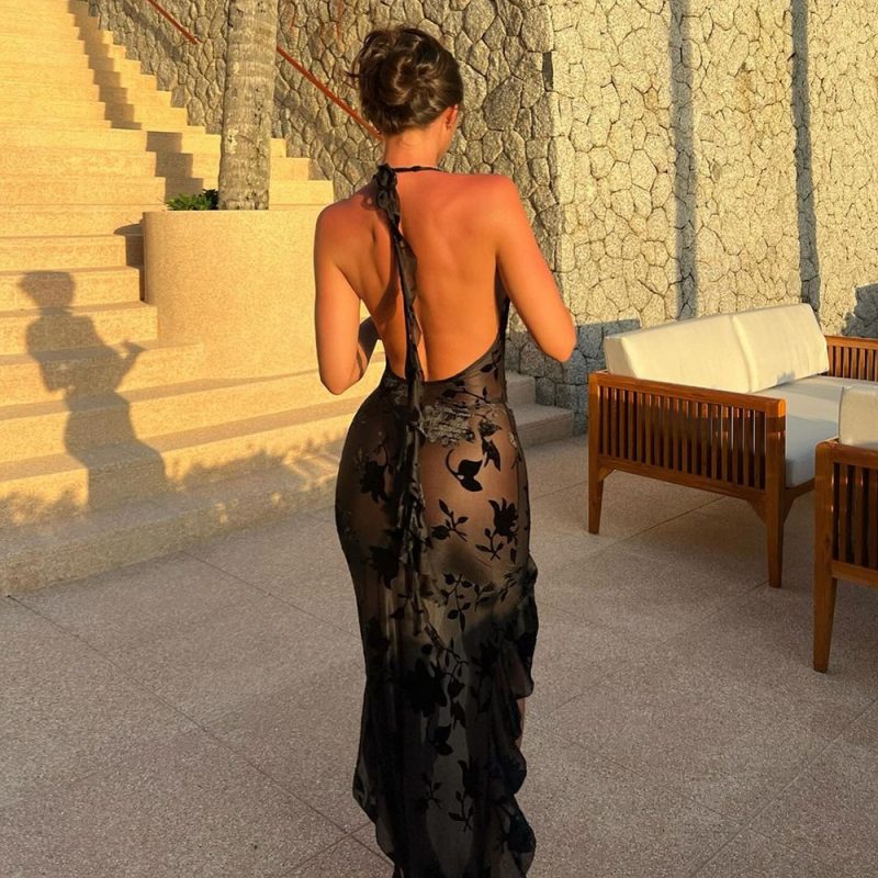 Summer Hollow-Out Cropped Neck Flocking Dress - Image 4