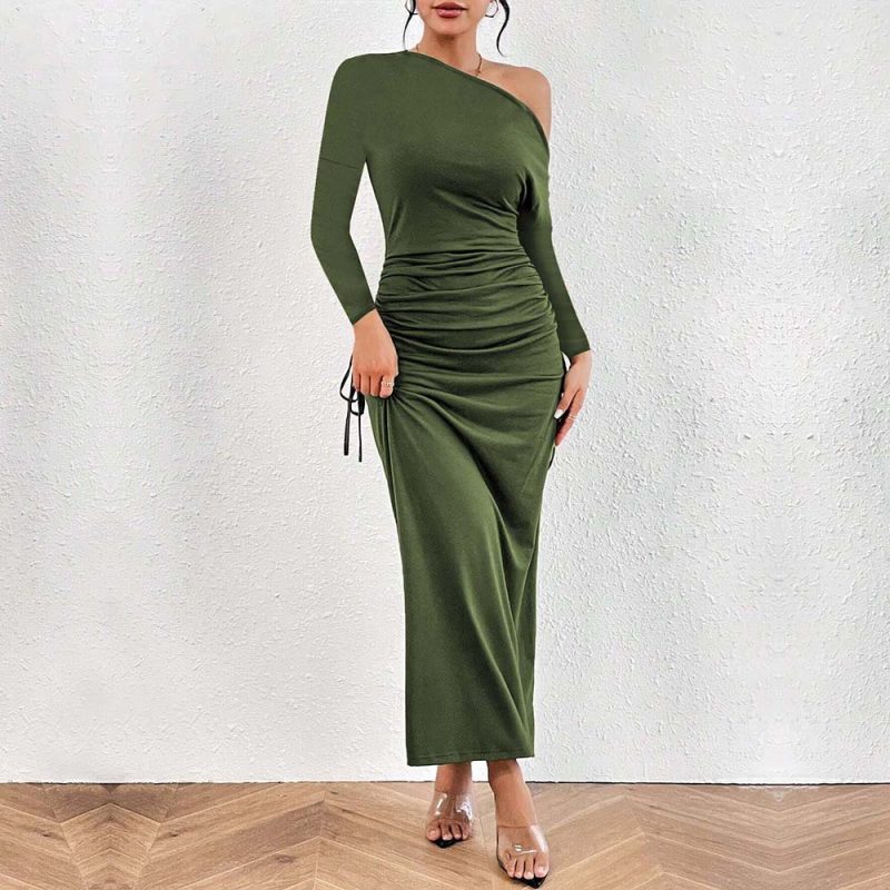 French Diagonal Collar High Waist Dress - Image 3