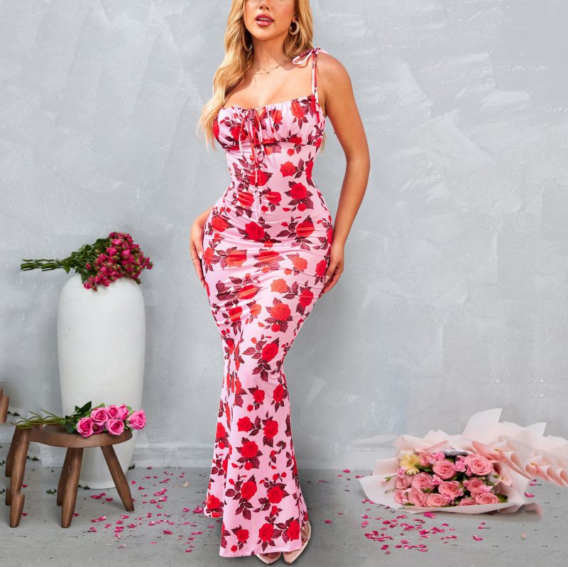 Sexy Printed Lace-Up Backless Fishtail Dress
