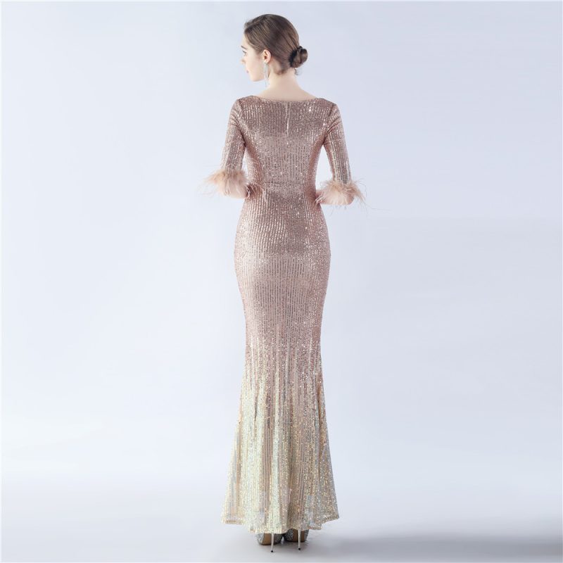 High-End Ostrich Feather Gradient Sequin Evening Dress - Image 3