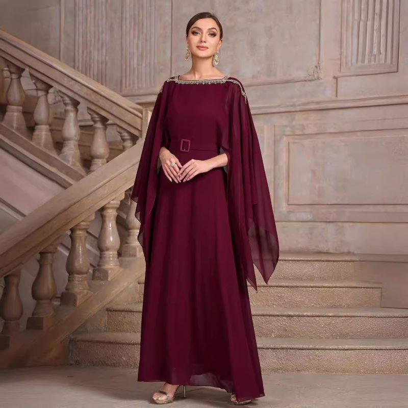 Elegant Chiffon Shawl Sleeve Belted Dress - Image 3