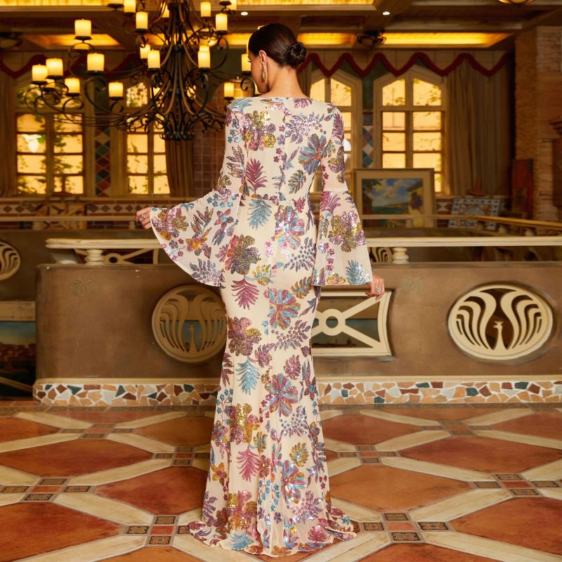 High-End Long Sleeve V-Neck Sequin Dress - Image 3