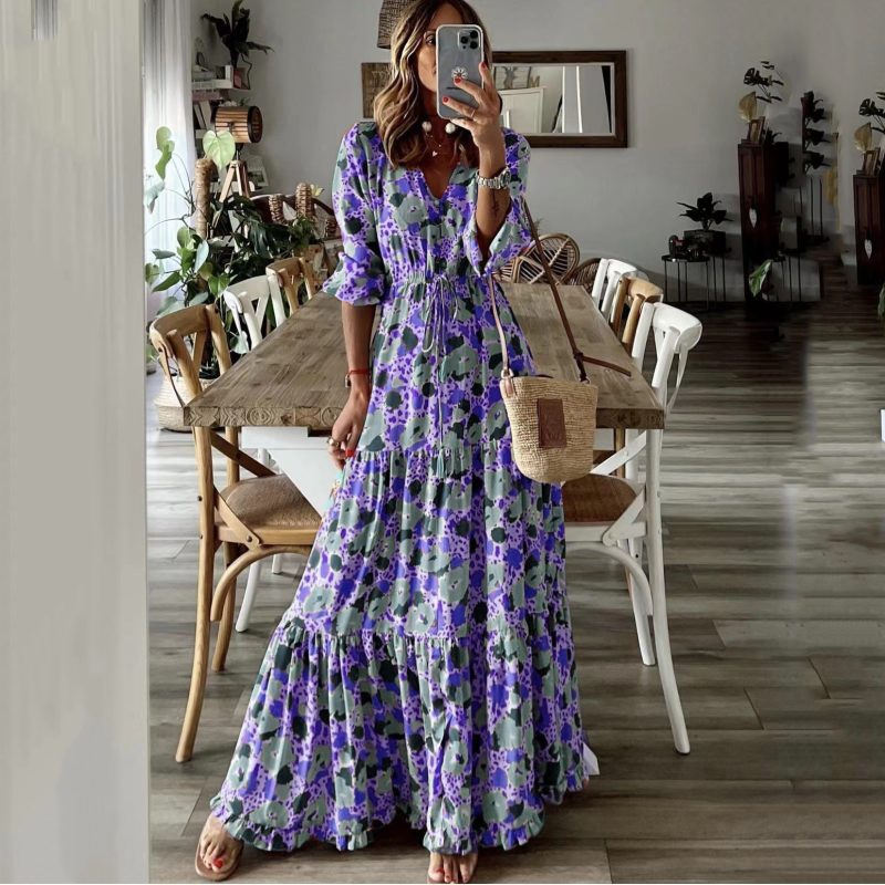 Vacation V-Neck Printed Swing Maxi Dress - Image 3