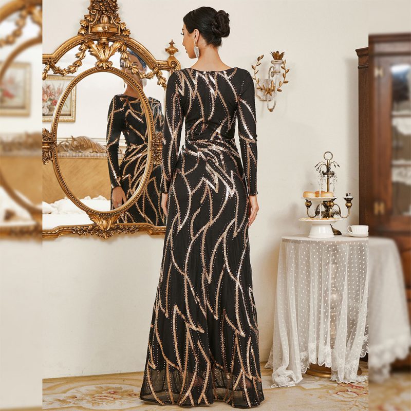 Long Sleeve Round Neck Sequin Evening Dress - Image 4