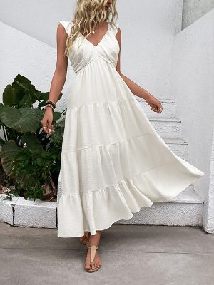 Simple Sleeveless V-Neck White Vacation Dress