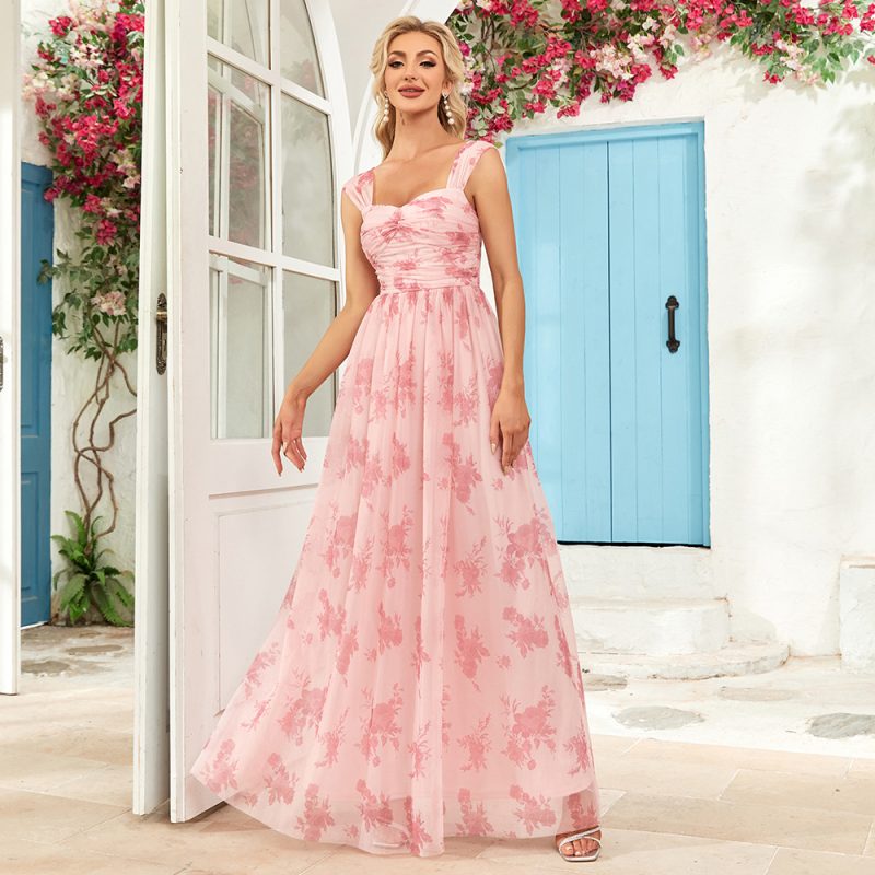 Floral Pleated Double U-Neck Sling Party Evening Dress