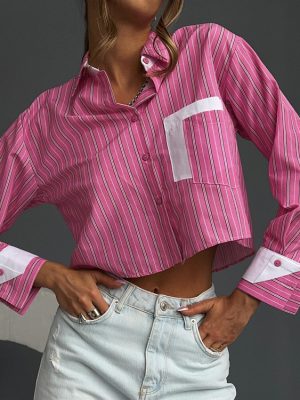 French Striped Collared Long Sleeve Cropped Top