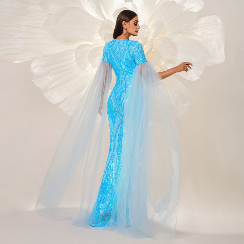 Elegant Long Sleeve Sequined Fishtail Cocktail Dress - Image 3