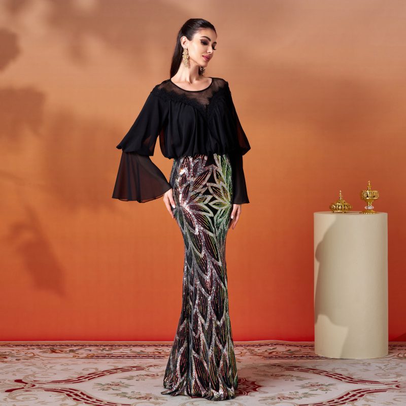 Long Sleeve Sequined Fishtail Sheath Cocktail Dress - Image 2