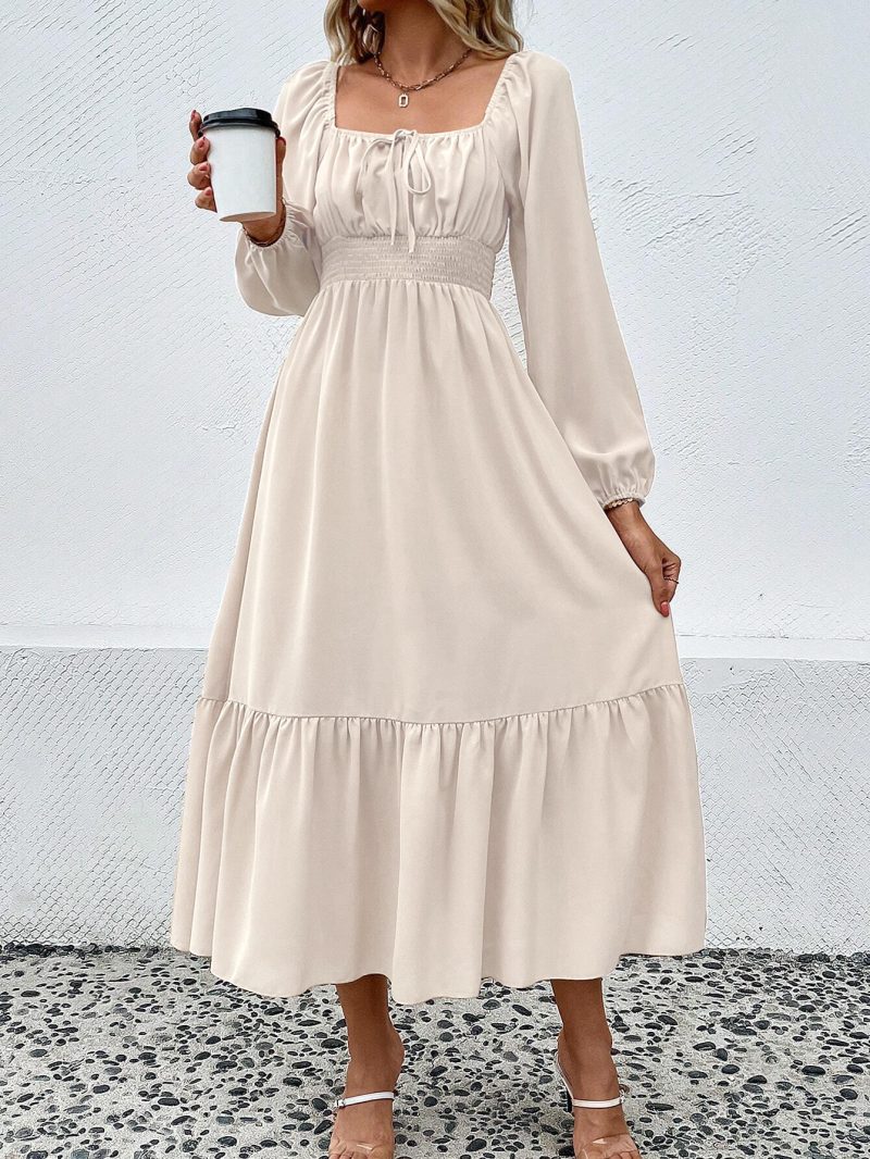 Square Neck Waist-Tight Long Sleeve Maxi Dress - Image 4