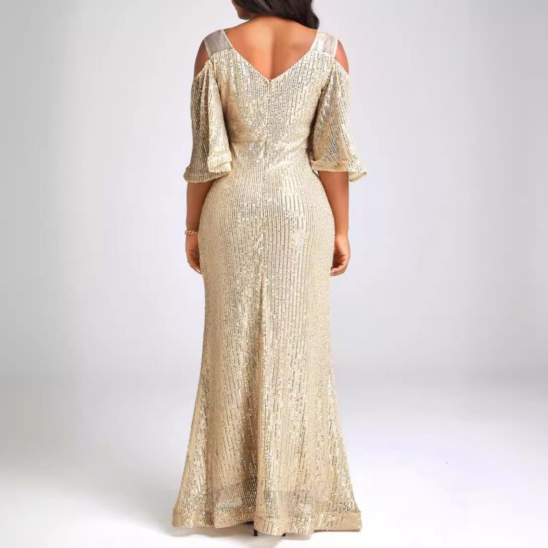 Elegant Off-Shoulder Gold Sequined Evening Dress - Image 2
