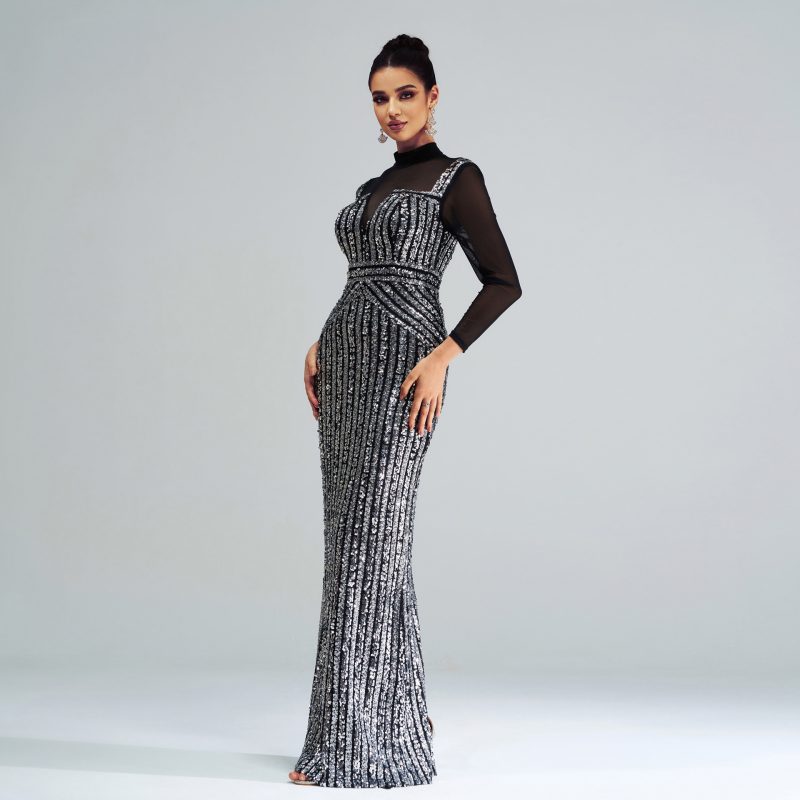 Long Sleeve Slim Sequined Fishtail Dress - Image 3