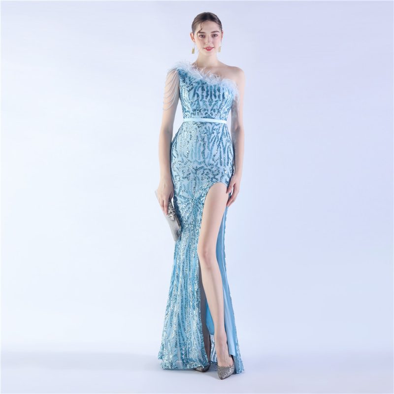 High-End One-Shoulder Beaded Ostrich Feather Dress