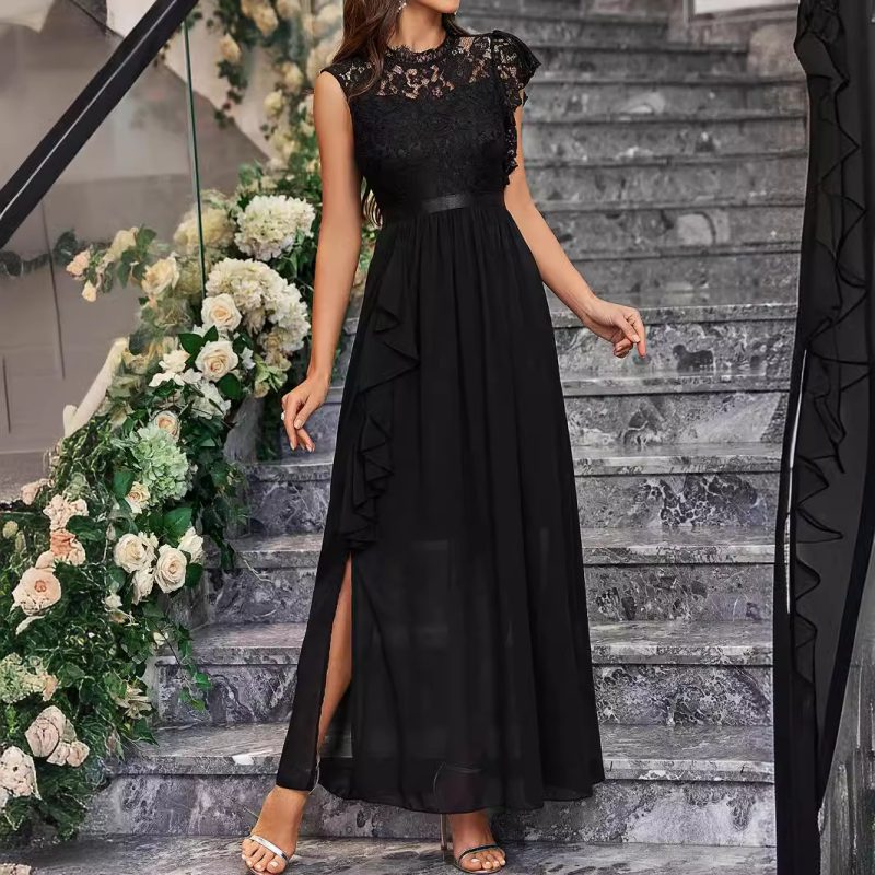 Elegant Lace Chiffon Slim-Fit Slit Dress - Image 2