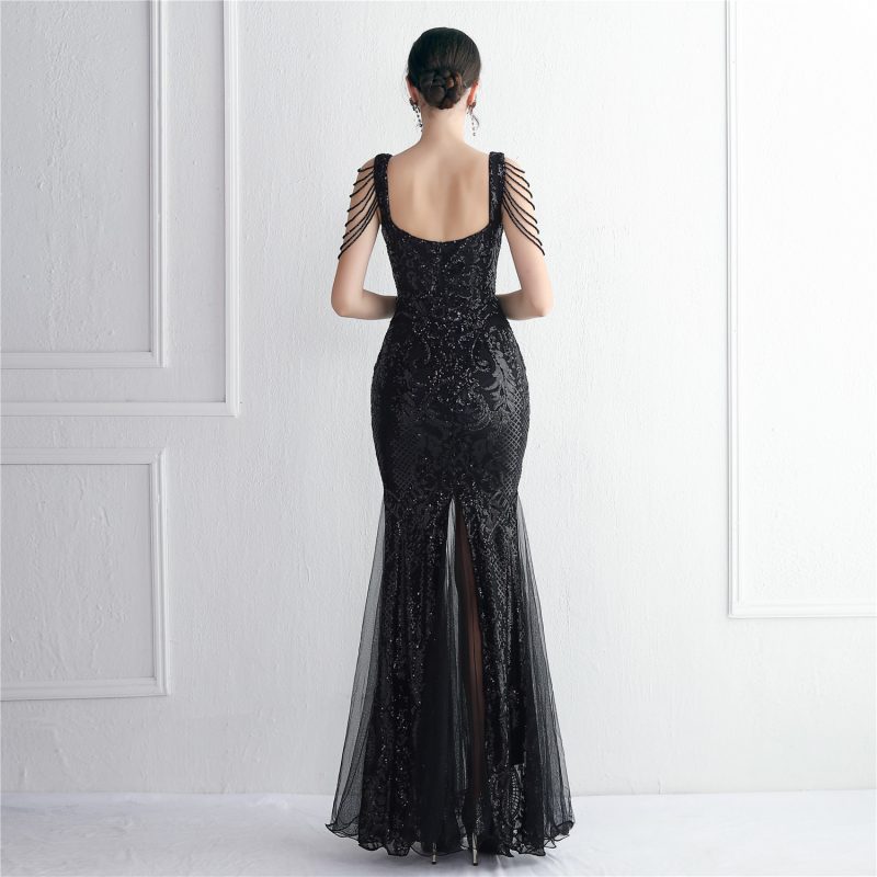 Elegant Beaded Sequin Mesh Slim Fit Evening Dress - Image 4