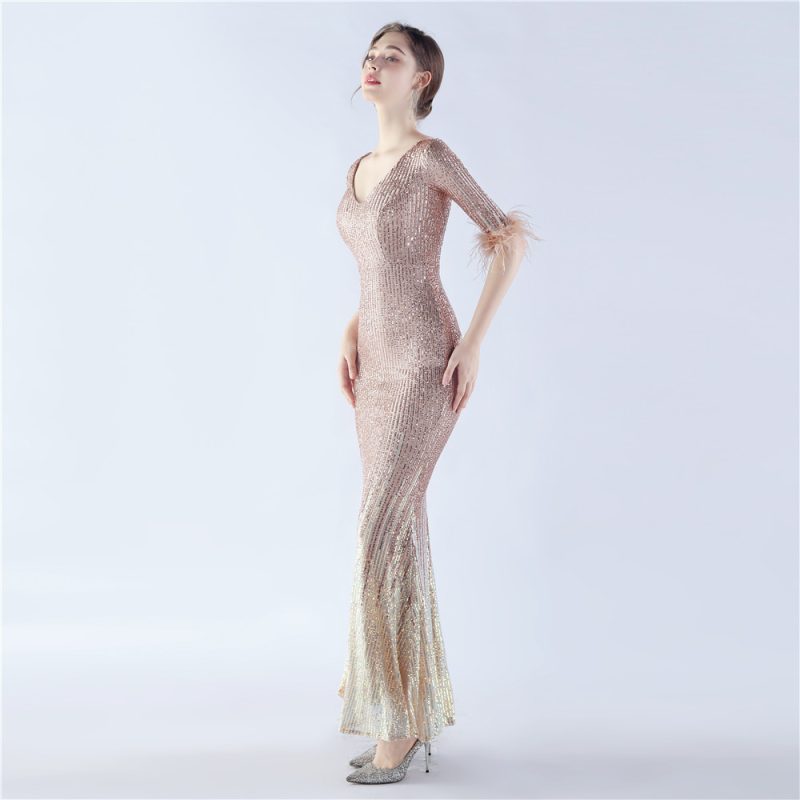 High-End Ostrich Feather Gradient Sequin Evening Dress - Image 2
