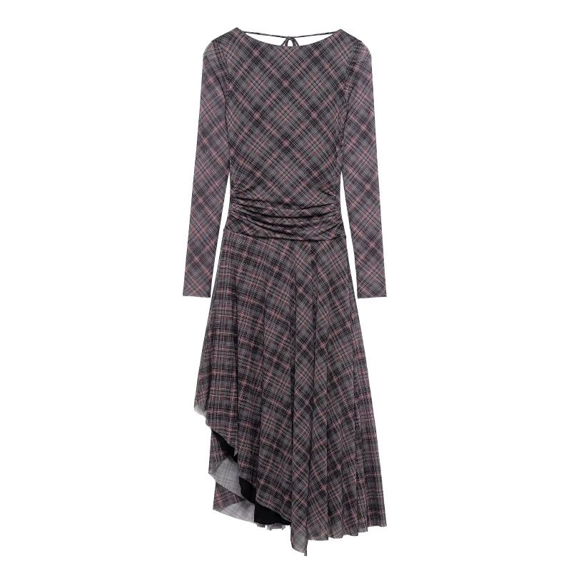 Plaid Pleated Silk Net Backless V-Neck Dress - Image 2