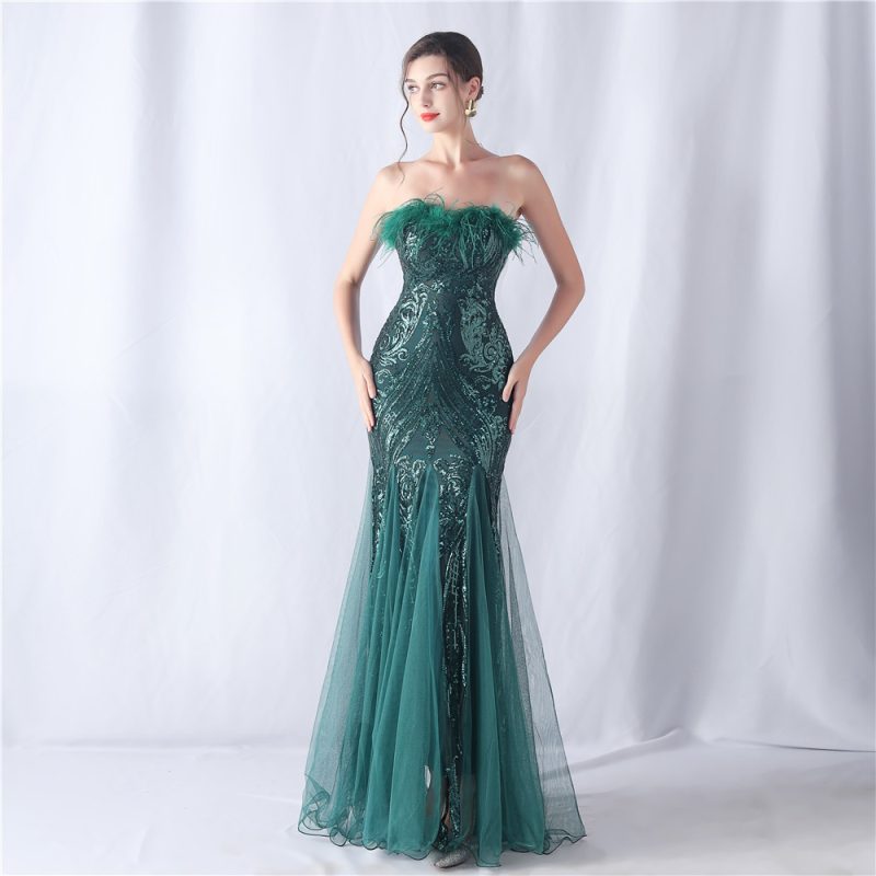 Floral Ostrich Feather Tube Top Sequin Evening Dress - Image 4