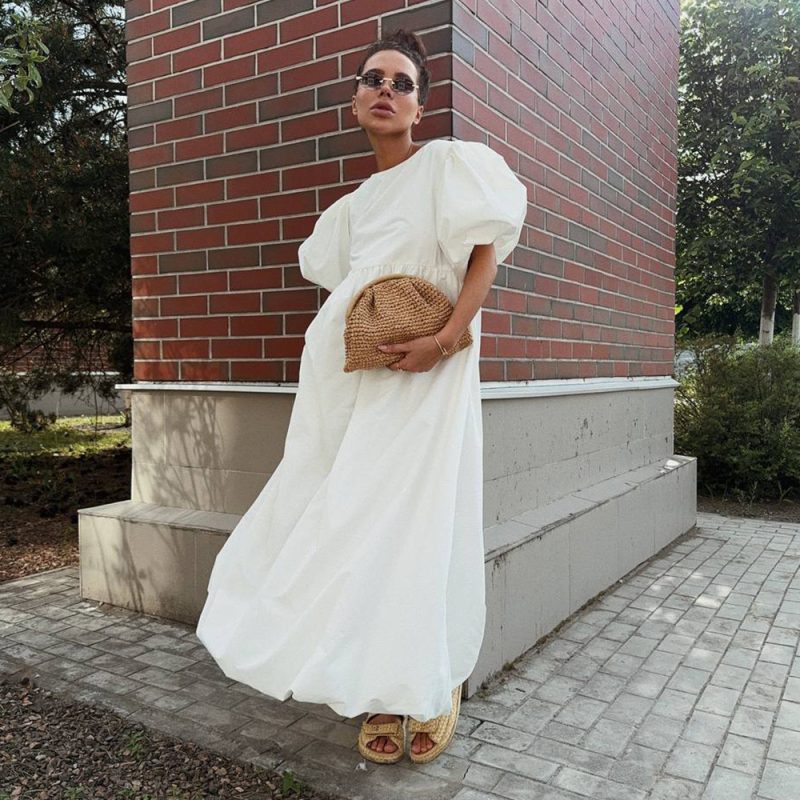 Cotton Round Neck Puff Sleeve Casual Dress - Image 2