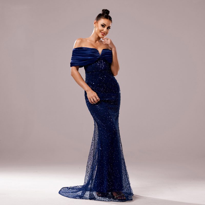 Off-Neck Slim Fit Sequined Fishtail Dress - Image 2