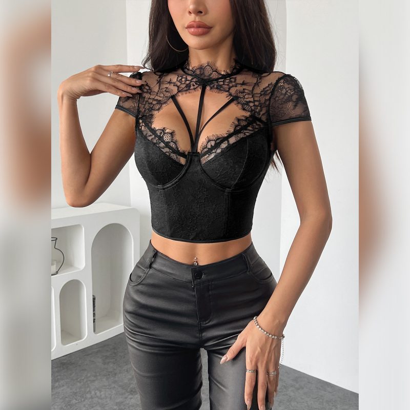 Eyelash Lace Corset Steel Ring Round Neck Top - Image 4