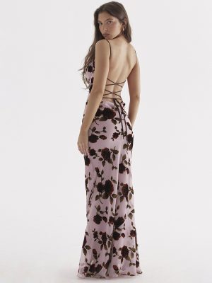 Elegant Mesh Floral Print Slim Maxi Dress