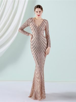 Elegant Floral Sequin Long Sleeve Fishtail Evening Dress