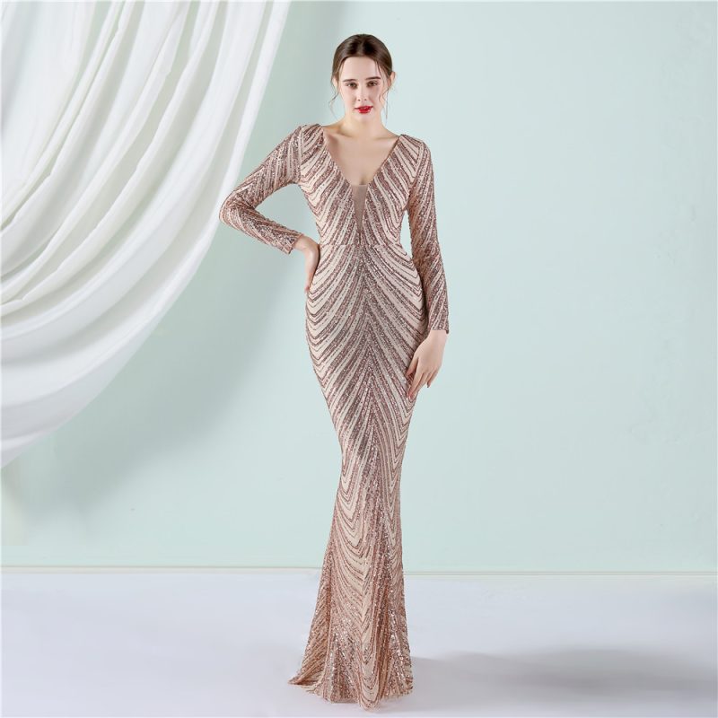 Elegant Floral Sequin Long Sleeve Fishtail Evening Dress