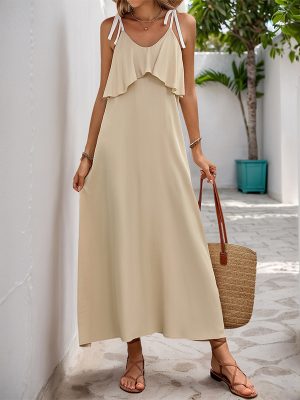 Casual Vacation Long Ruffled Solid Sling Dress