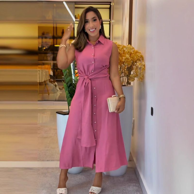 Elegant Sleeveless Waist Shirt Dress for Women