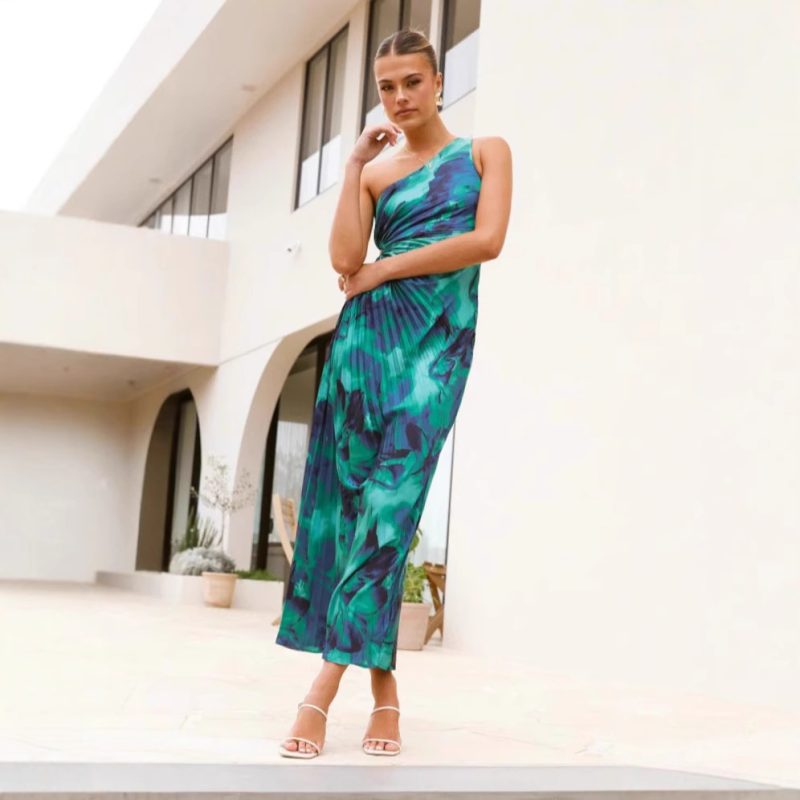 Sexy One-Shoulder Sleeveless Pleated Printed Dress - Image 4
