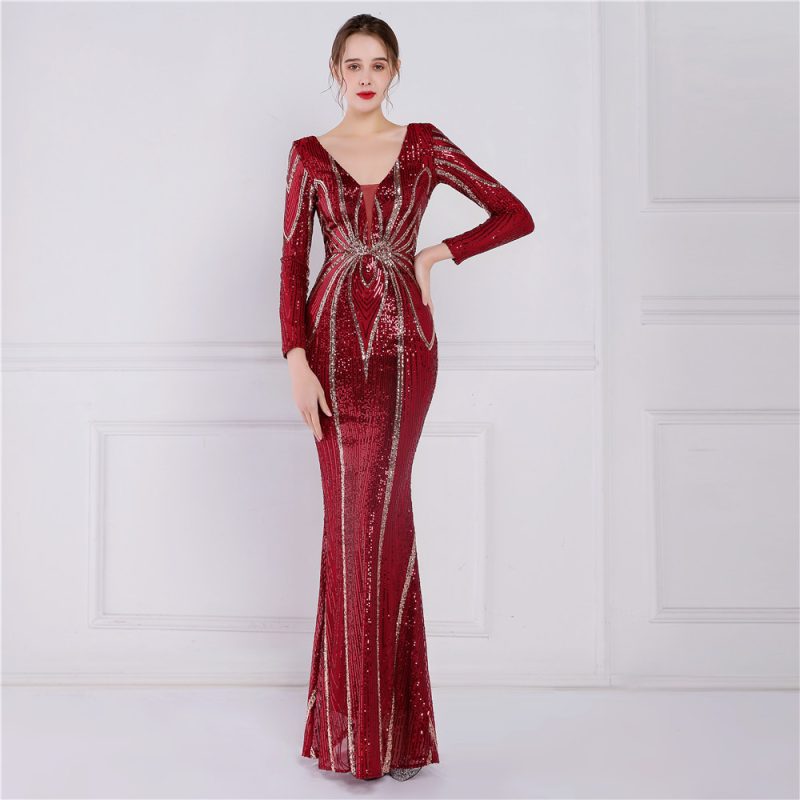 Elegant Floral Sequin Long Sleeve Fishtail Gown - Image 4