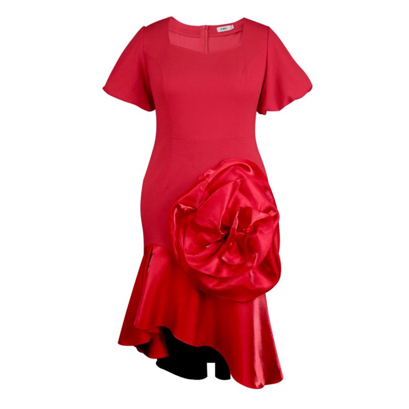 Square Collar Puff Sleeve Fishtail Dress - Image 3
