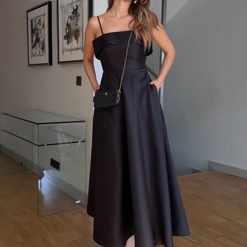 Elegant French Retro Satin Strap Evening Dress - Image 3