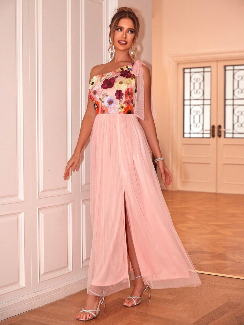Summer Floral Embroidery One-Shoulder Furcal Hem Dress - Image 4