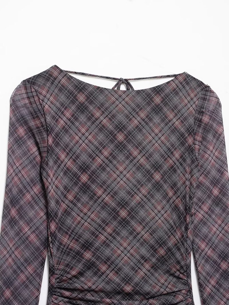 Plaid Pleated Silk Net Backless V-Neck Dress - Image 3