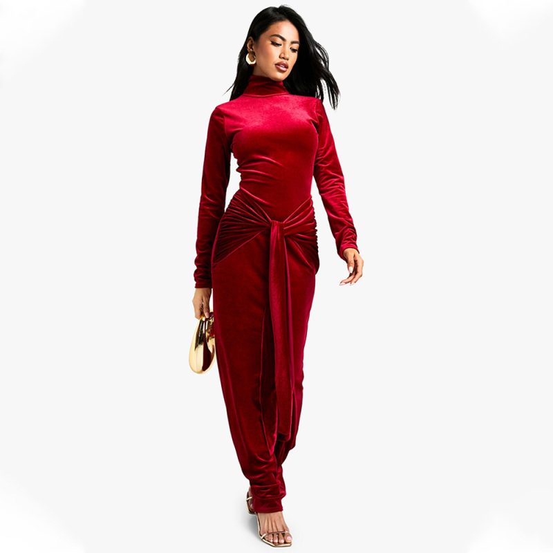 Sexy Half Collar Lace-Up Pleated Maxi Dress - Image 3