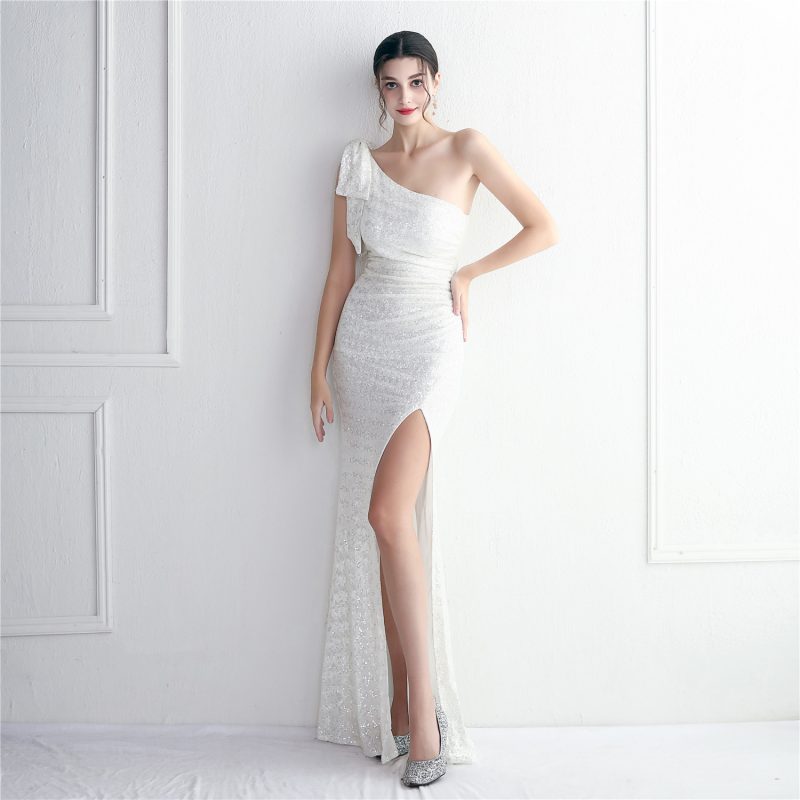 Sequined One-Shoulder Slim Fishtail Wedding Dress - Image 2