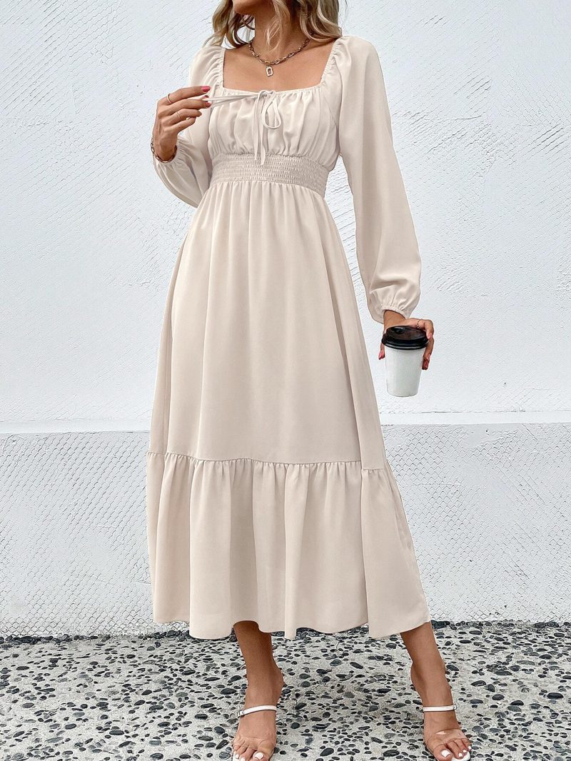 Square Neck Waist-Tight Long Sleeve Maxi Dress - Image 3