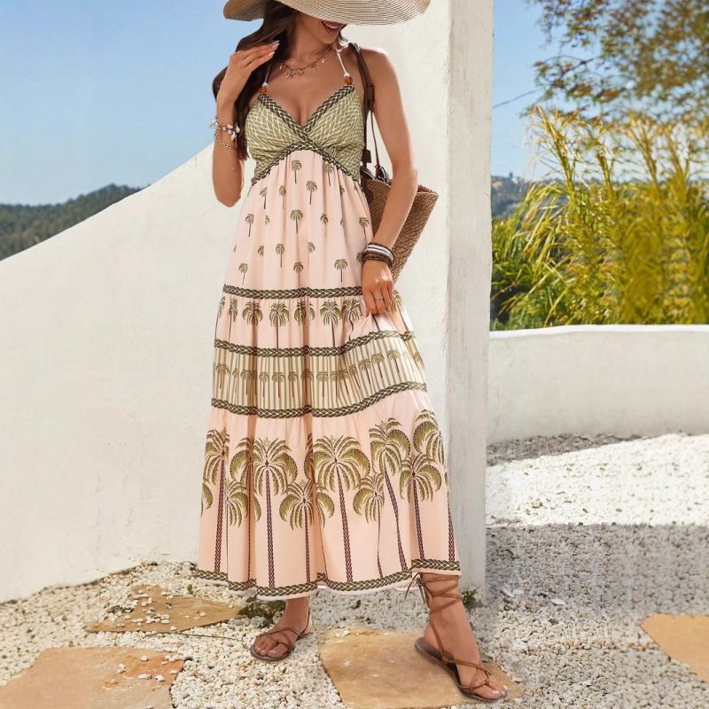 Bohemian Beaded Halter Backless Beach Vacation Dress