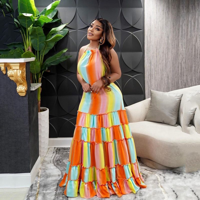 Printed Halterneck Loose Backless Summer Dress