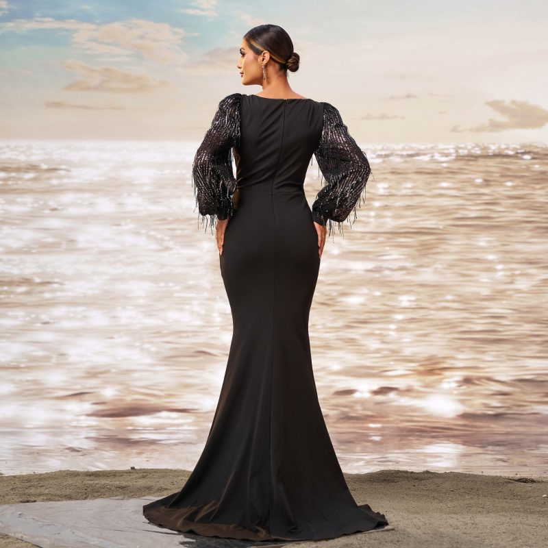 Long Sleeve Diagonal Collar Fishtail Dress - Image 3