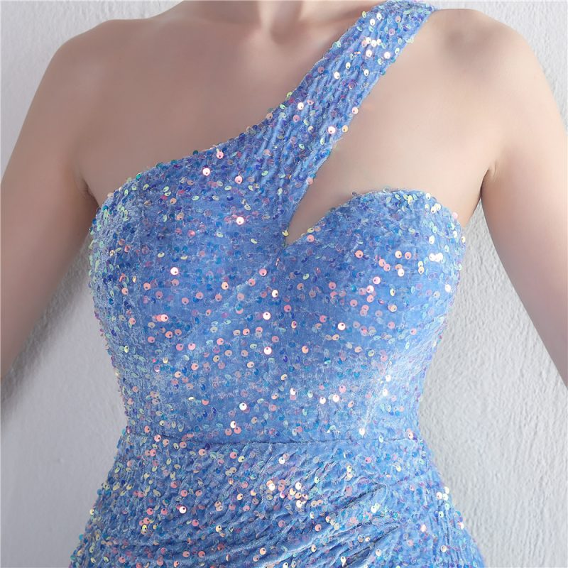 Colorful Sequin One-Shoulder Fishtail Velvet Evening Dress - Image 4
